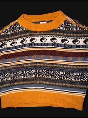 BDG Mustard and Navy Patterned Crewneck Sweater
